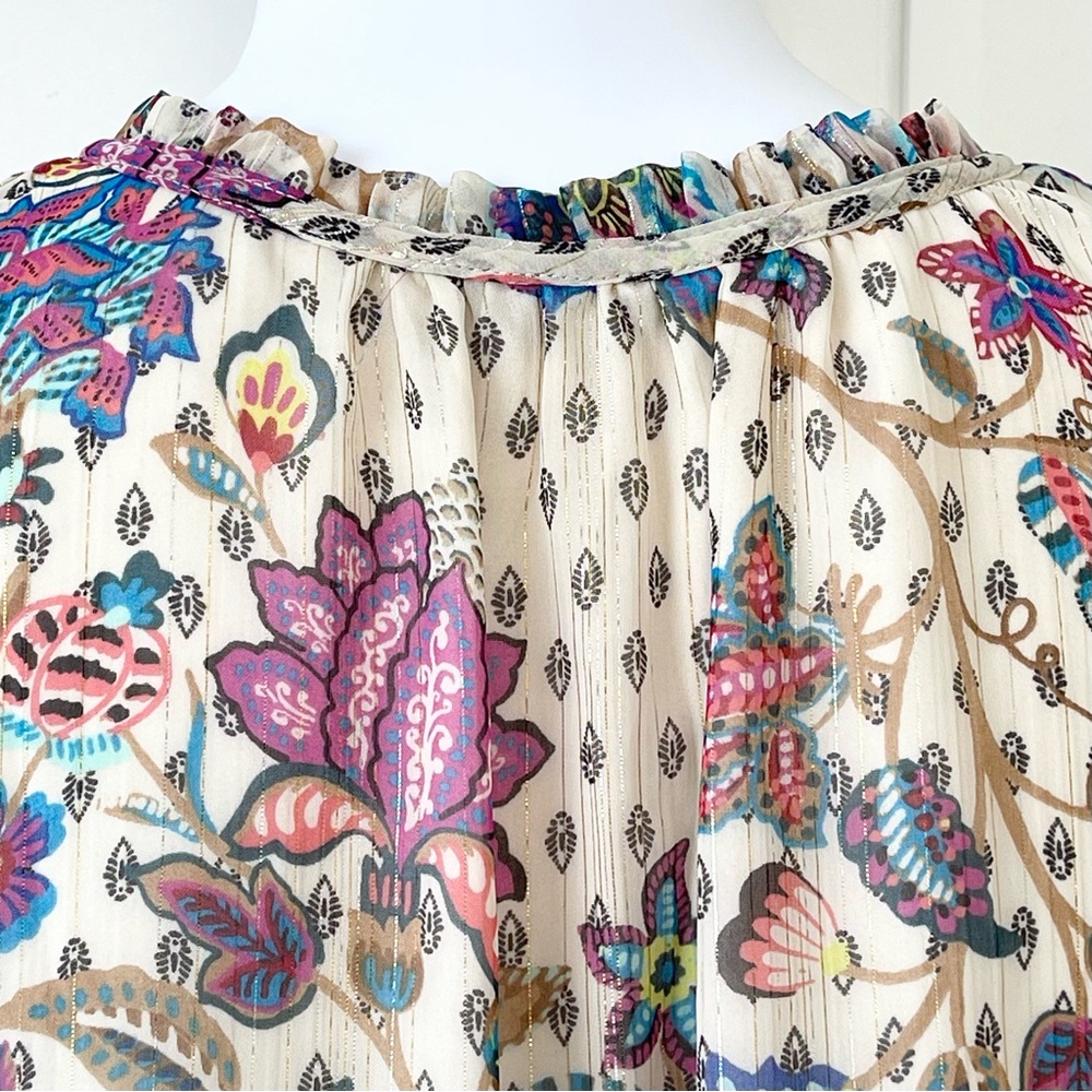 LOFT Ann Taylor Chiffon Bohemian Blouse Shimmer Vine Smocked Ruffle Tie Neck - Picture 4 of 16